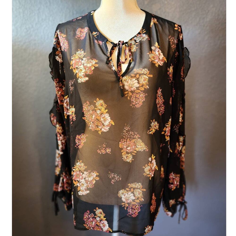 ModCloth Black and Floral 3/4 Ruffle Sleeves Sheer Front Tie Size Large